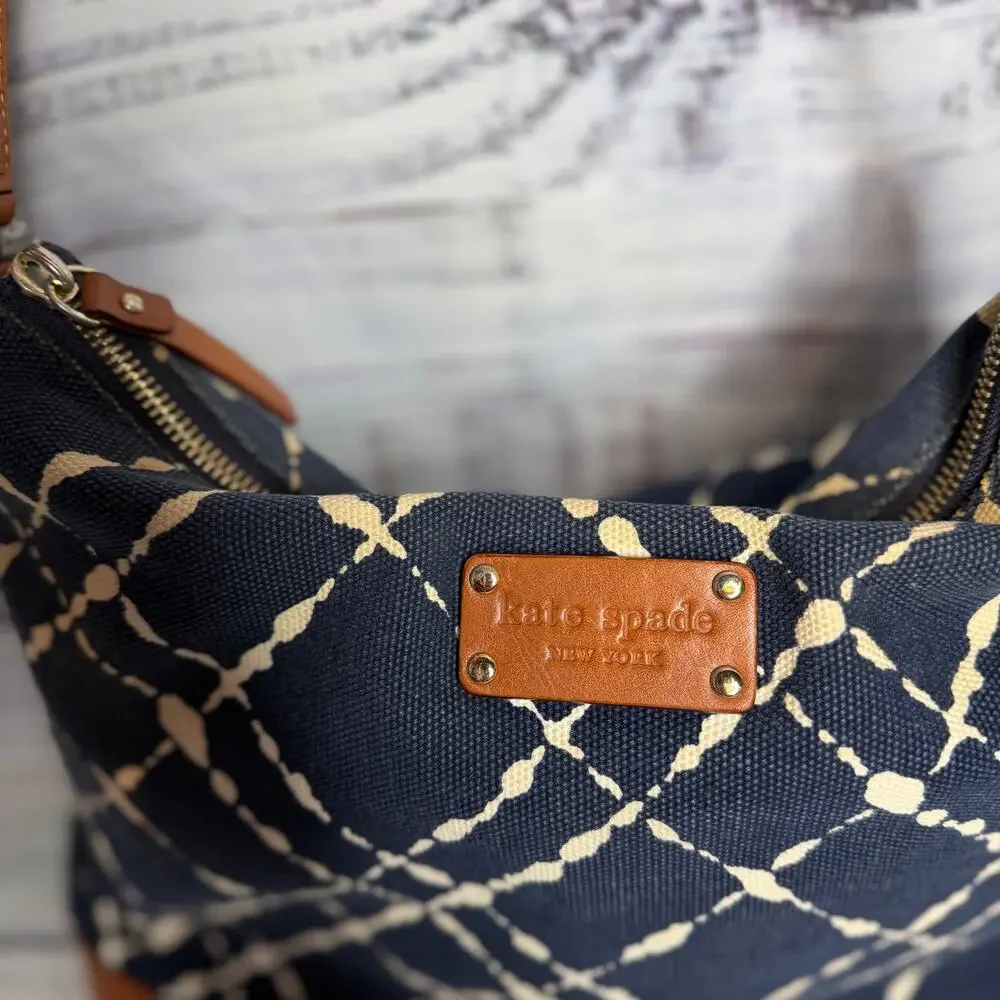 Kate Spade New York Navy Cream Print Canvas Leather Shoulder Hobo Bag